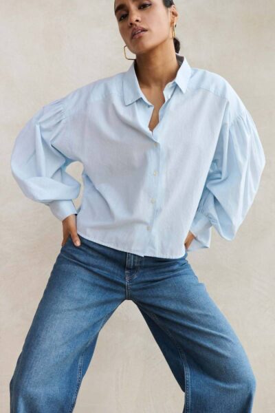 Sarah short chambray blouse light blue By-Bar