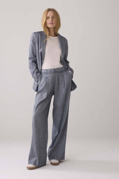 Trousers wide linen blend twill navy noir Summum